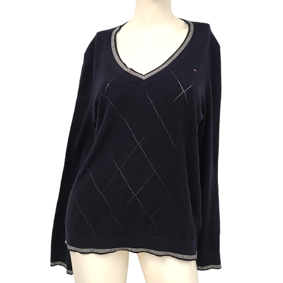 Tommy Hilfiger Navy Blue Perforated V Neck Sweater size Large - Picture 1 of 8